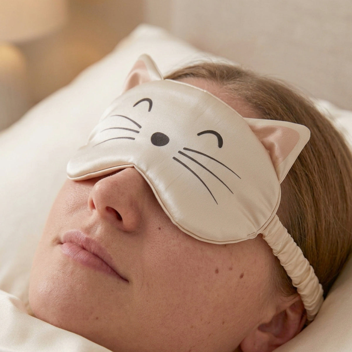 A close-up of a person lying down wearing a cream-colored cat-ear sleep mask with a black cartoon face design.