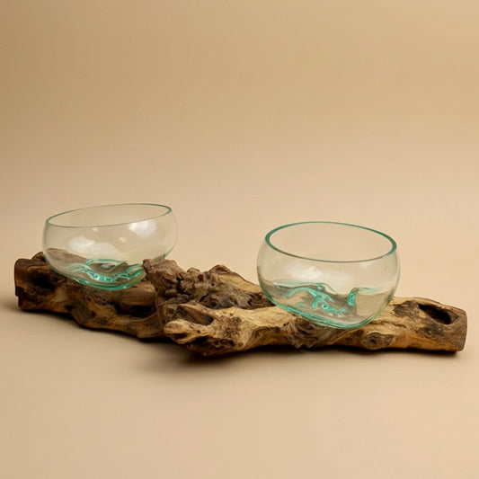 Handmade Molten Glass Bowls on Driftwood Base – Decorative Bowls