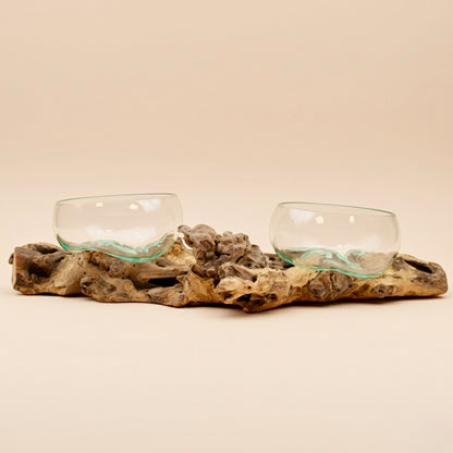 Handmade Molten Glass Bowls on Driftwood Base – Decorative Bowls