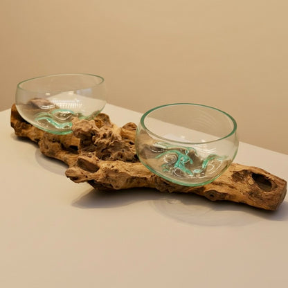 Handmade Molten Glass Bowls on Driftwood Base – Decorative Bowls