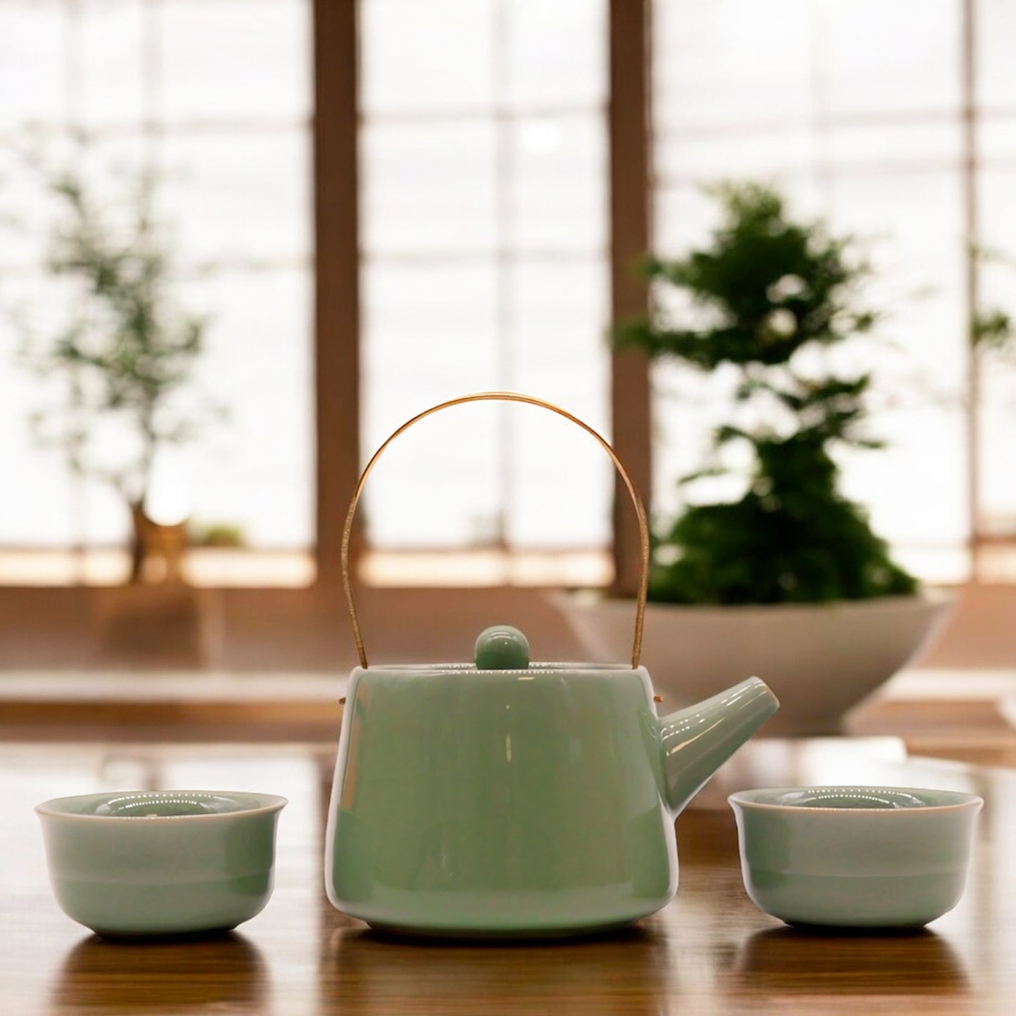 Herbal Tea Set with Teapot and Two Teacups - Jade Green Teaset - Loose Leaf Tea Pot