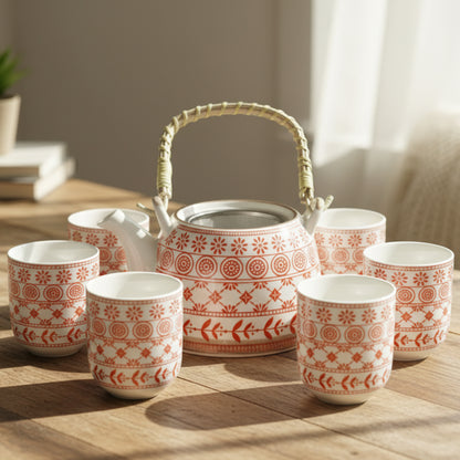 Traditional Herbal Tea Pot Set with Teapot with Tea Infuser & 6 Matching Tea Cups - Herbal Tea Gift Set