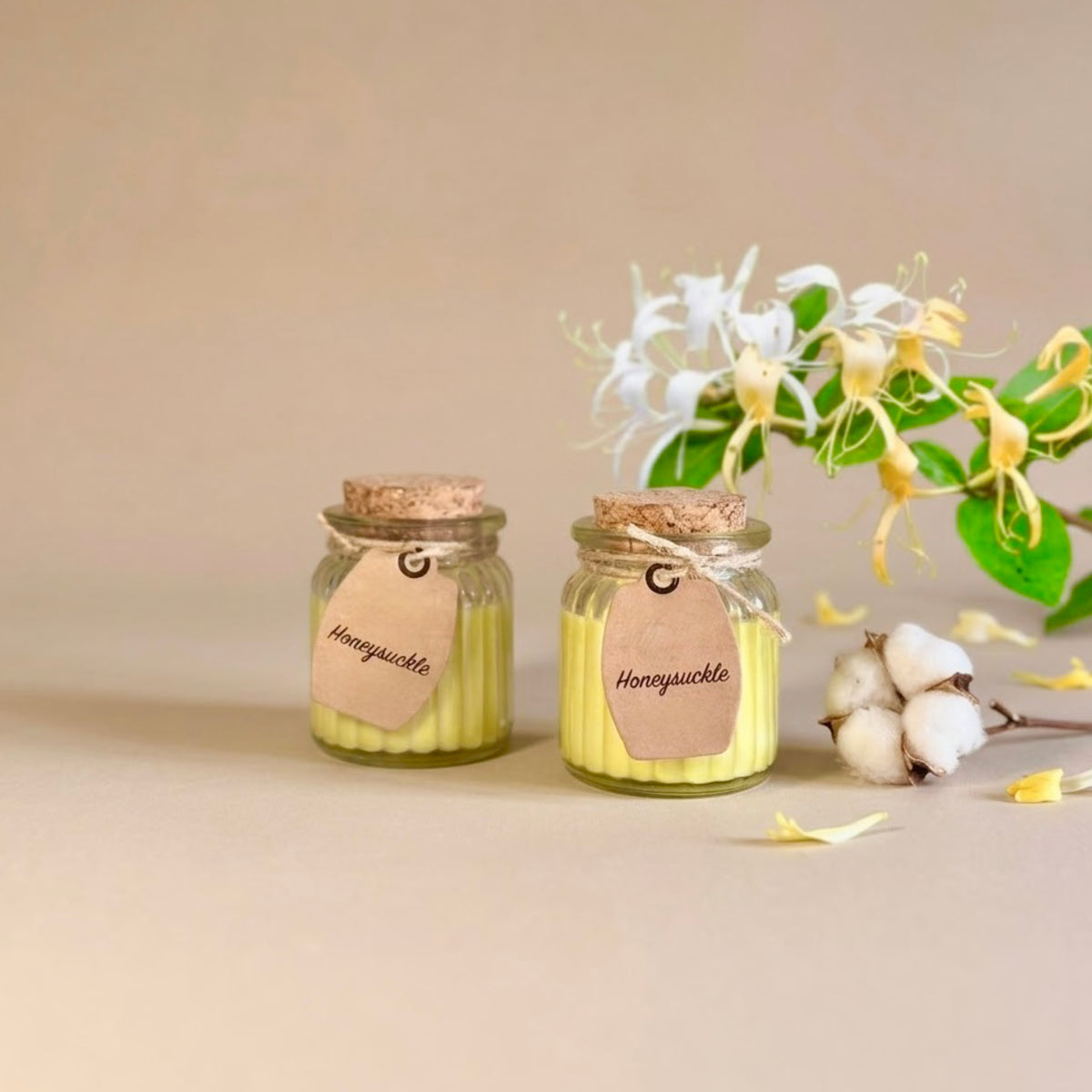Honeysuckle Soy Wax Candles in Rustic Glass Pots