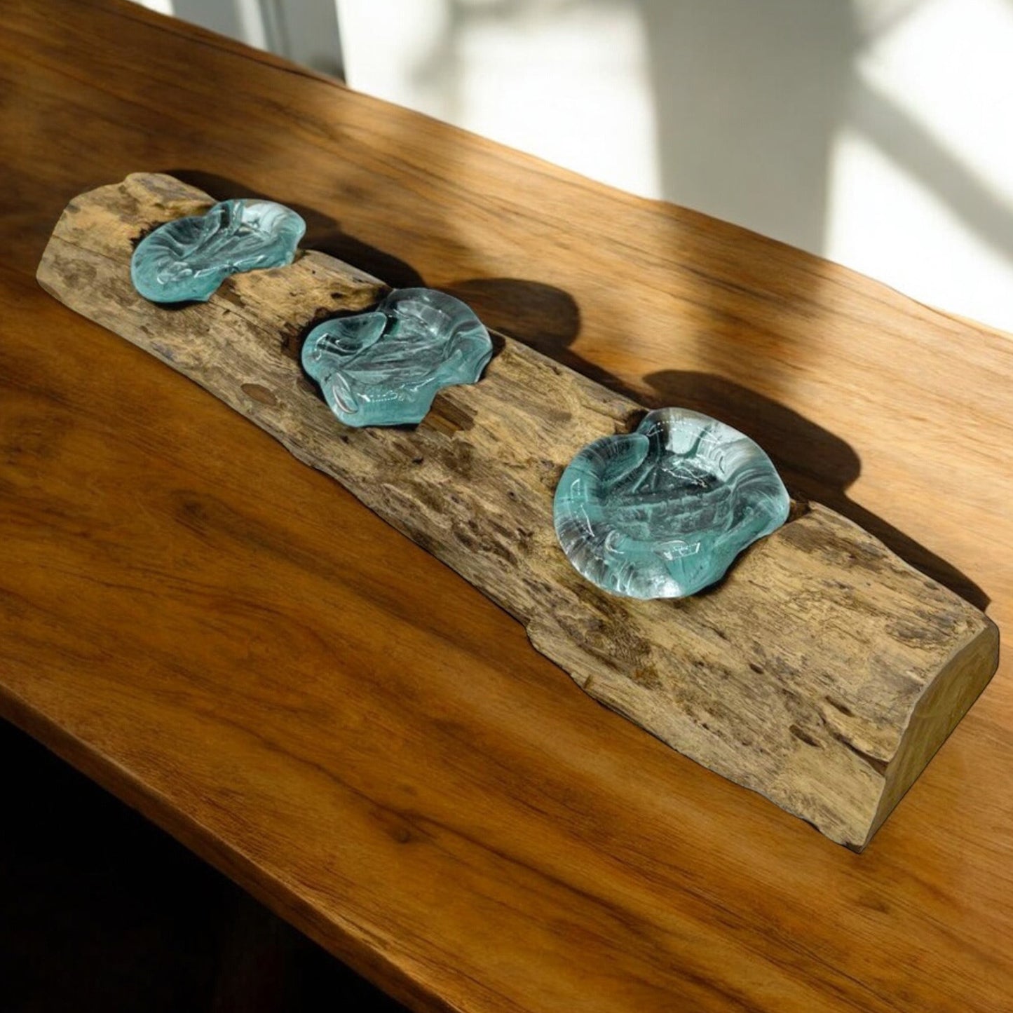 Triple Molten Glass Candle Holder on Wood - Melted Glass Tealight Holder