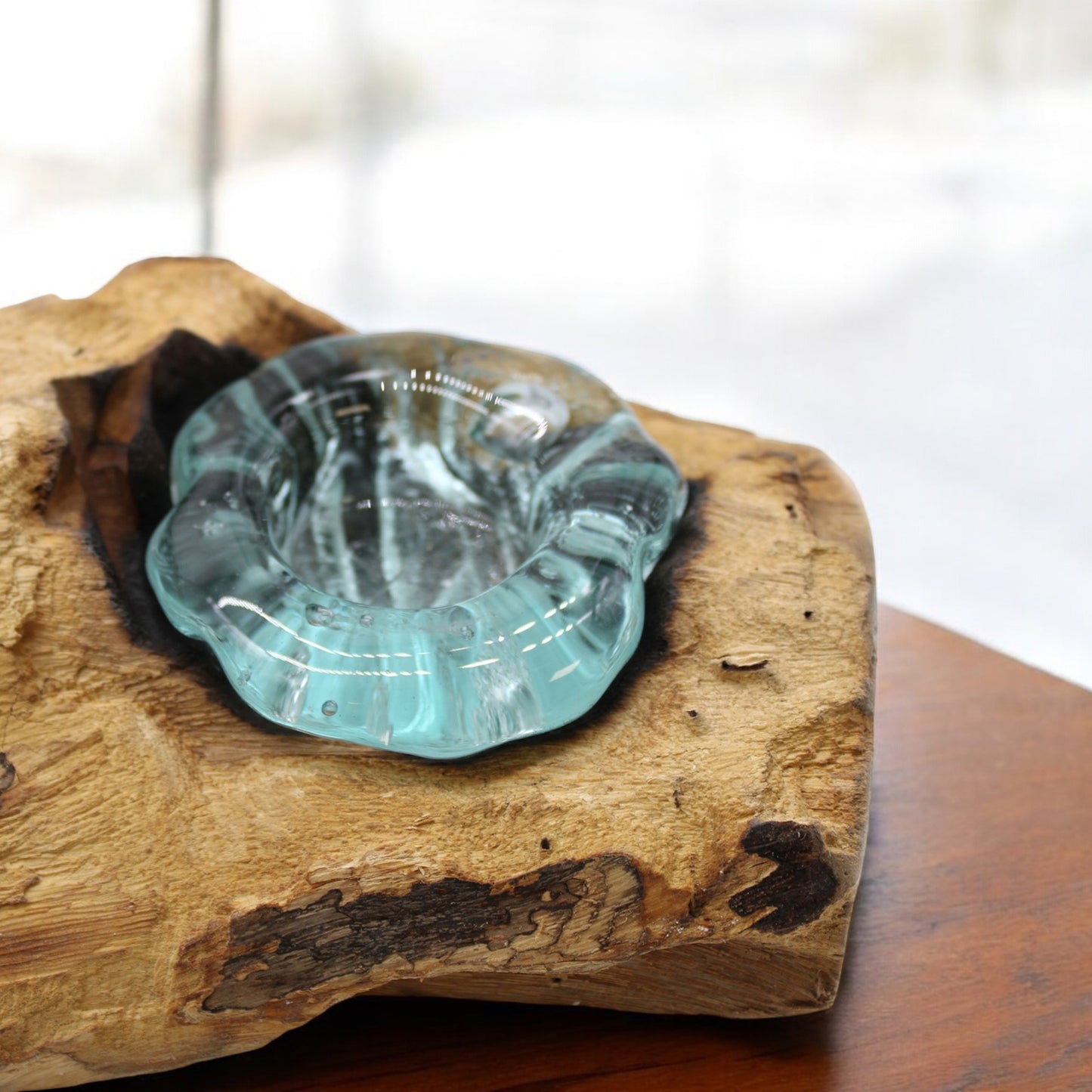 Triple Molten Glass Candle Holder on Wood - Melted Glass Tealight Holder