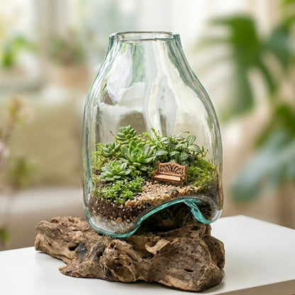 Handmade Molten Glass Terrarium on Wood Stand