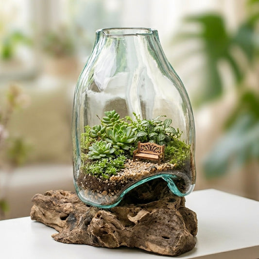 Handmade Molten Glass Terrarium on Wood Stand