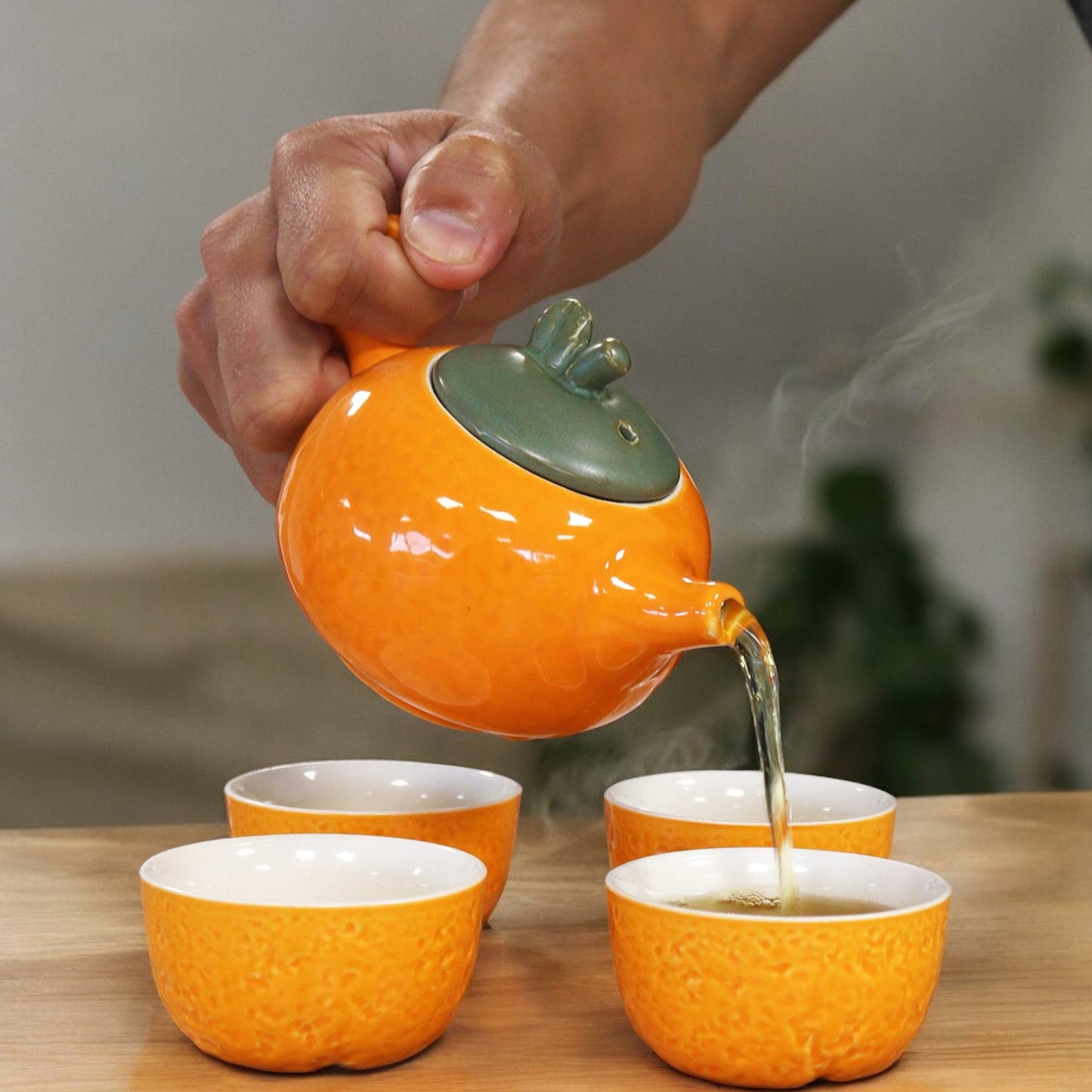 Orange Tea Set with Teapot and 4 Tea Cups - Loose Leaf Tea Set - Green Tea Set