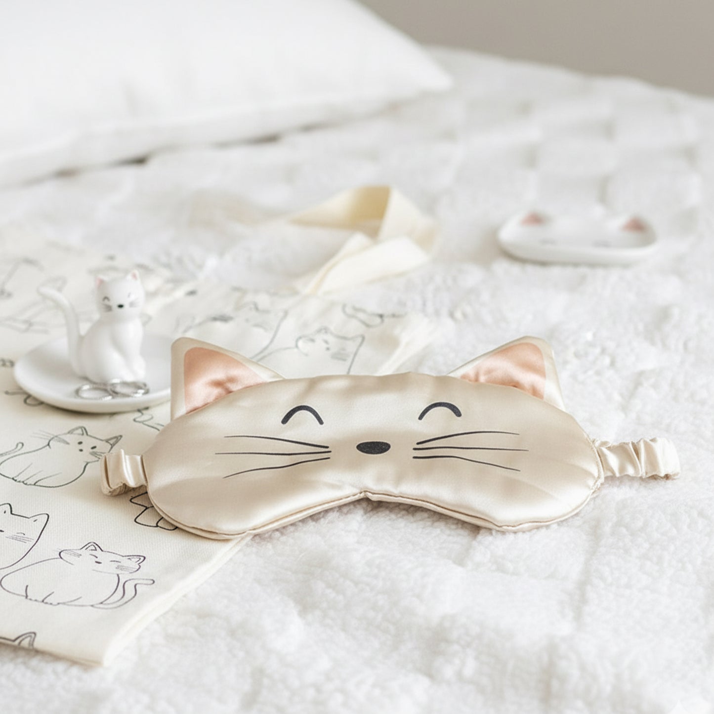 Cat satin sleep mask laid on a bed, ready for a nap