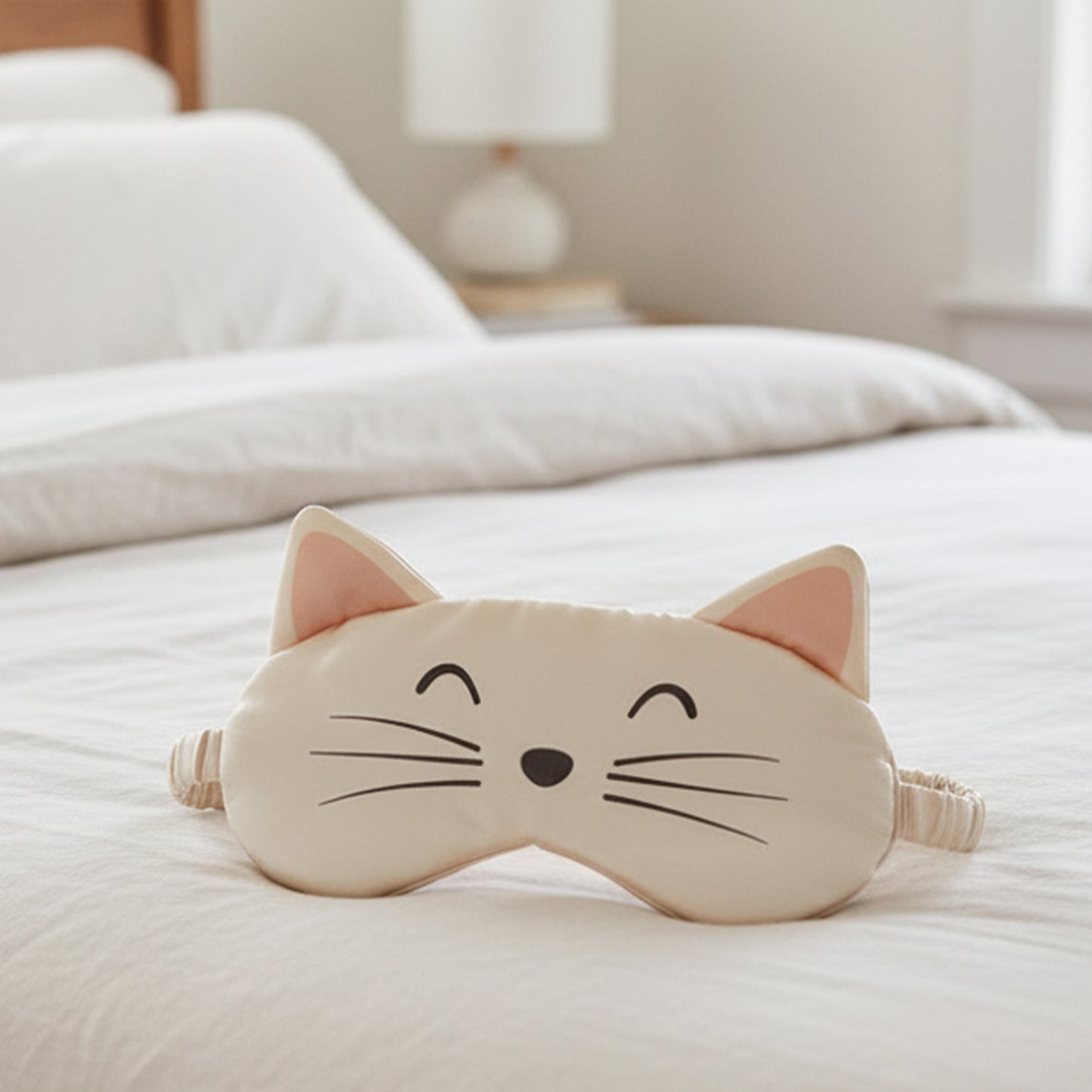 Cat-shaped sleep mask on a bed in a bedroom setting. Cat eye mask as a travel companion for sleeping on a plane.