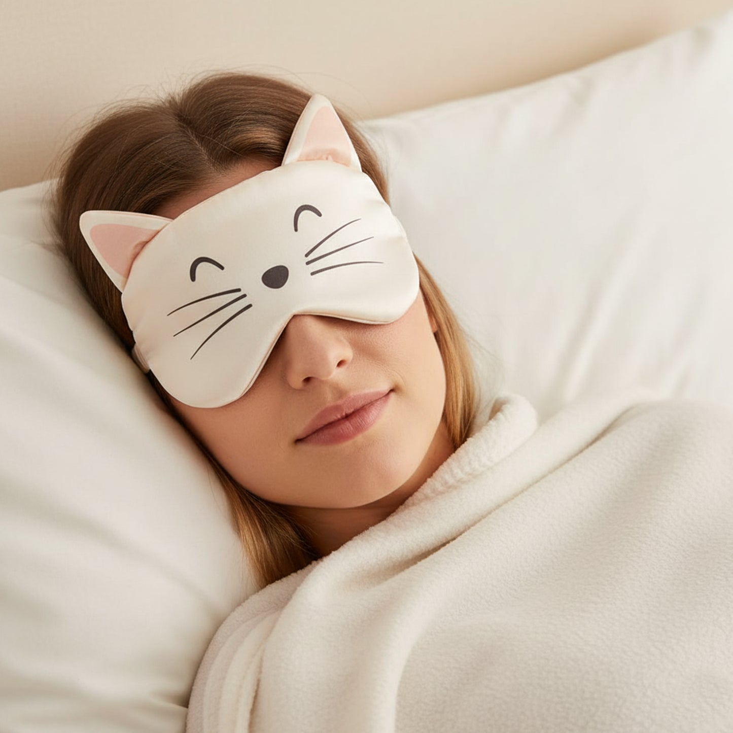 Person wearing a cat-shaped sleep mask in bed