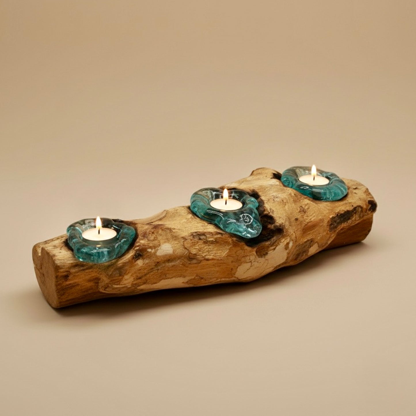 Triple Molten Glass Candle Holder on Wood - Melted Glass Tealight Holder
