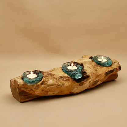 Triple Molten Glass Candle Holder on Wood - Melted Glass Tealight Holder