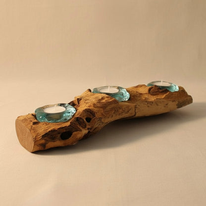 Triple Molten Glass Candle Holder on Wood - Melted Glass Tealight Holder