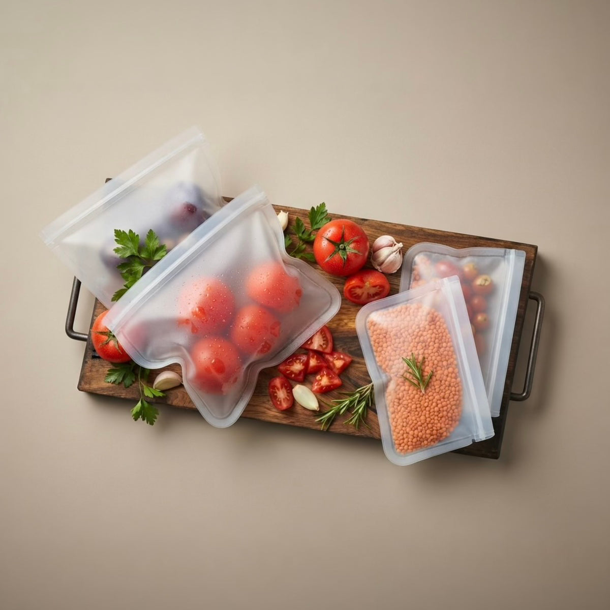 Four reusable silicone storage bags filled with food items, arranged on a wooden tray with tomatoes, garlic, parsley, and lentils against a neutral beige background.