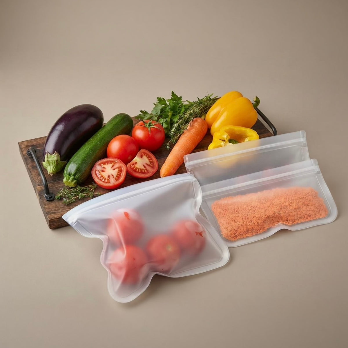 Two reusable silicone zip-top storage bags filled with tomatoes and lentils, styled on a beige background with fresh vegetables on a wooden board.