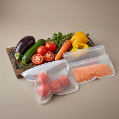 Two reusable silicone zip-top storage bags filled with tomatoes and lentils, styled on a beige background with fresh vegetables on a wooden board.