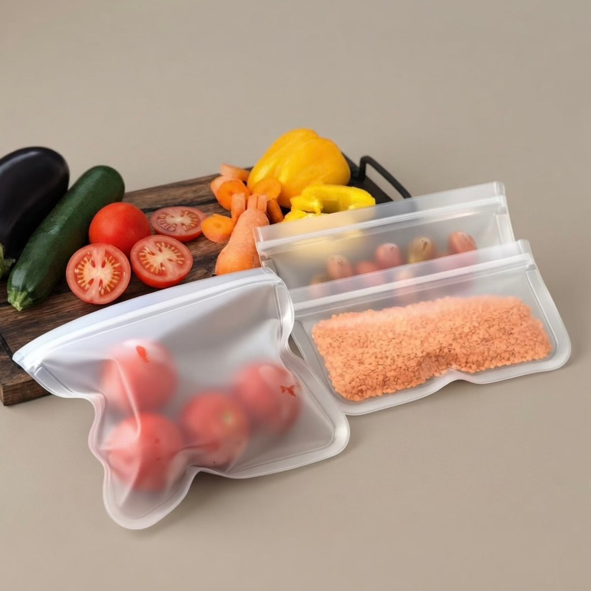 Three reusable silicone bag-in-bag storage pouches filled with tomatoes, lentils, and other vegetables, arranged on a neutral beige background with fresh produce props.