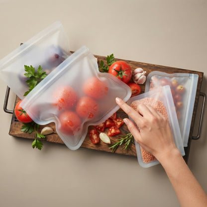 Silicone storage bags filled with food, including tomatoes, garlic, and lentils, arranged on a wooden cutting board with a hand pointing at one of the bags. The background is a solid beige surface.