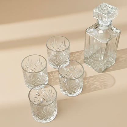 Cut Glass Whiskey Decanter Set with 4 Whiskey Tumblers - Gift for Dad