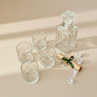 Cut Glass Whiskey Decanter Set with 4 Whiskey Tumblers - Gift for Dad