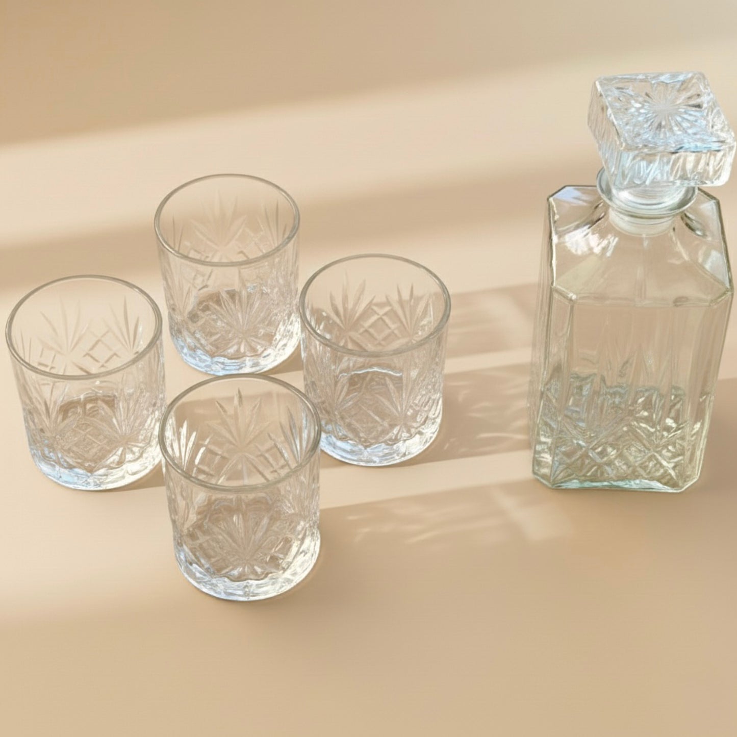 Cut Glass Whiskey Decanter Set with 4 Whiskey Tumblers - Gift for Dad