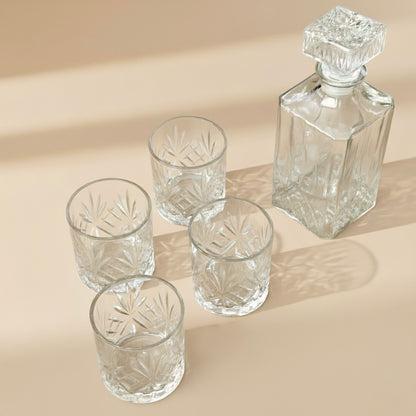 Cut Glass Whiskey Decanter Set with 4 Whiskey Tumblers - Gift for Dad