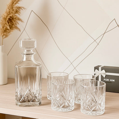 Cut Glass Whiskey Decanter Set with 4 Whiskey Tumblers - Gift for Dad