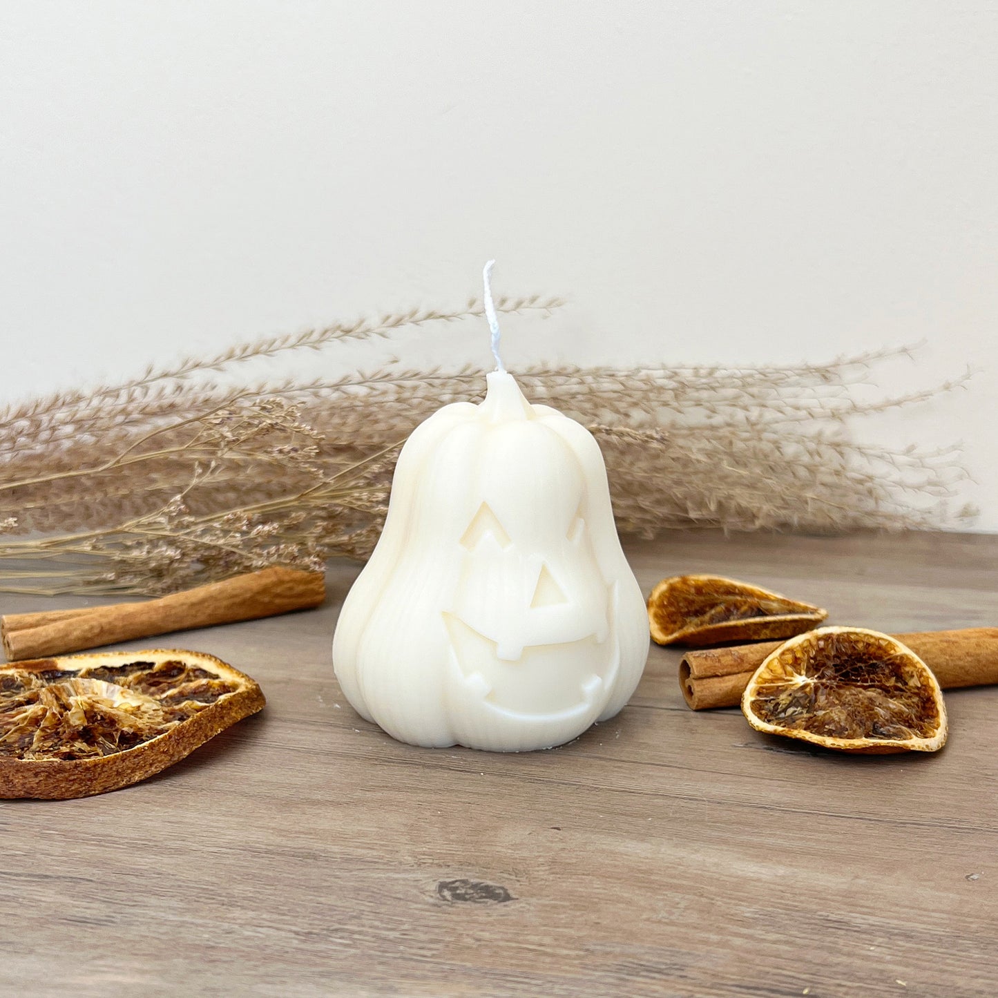 White Halloween Carved Pumpkin Candle