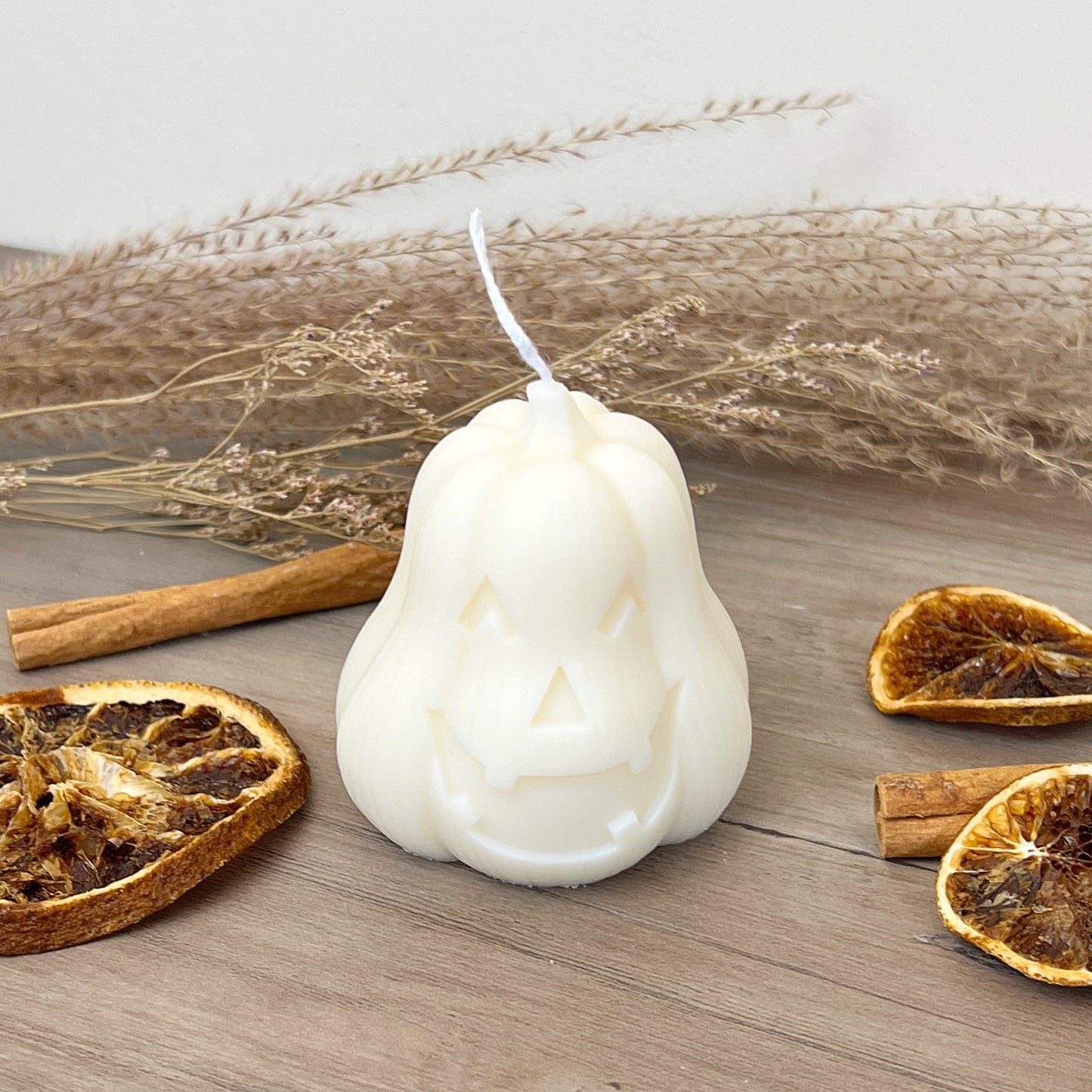 White Halloween Carved Pumpkin Candle