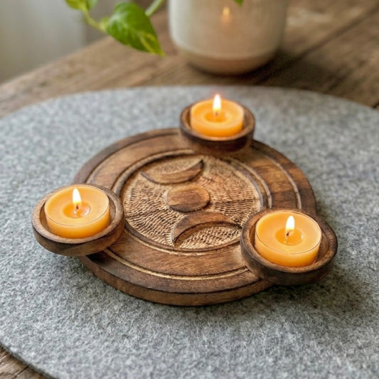 Wooden Candle Holder - Round Wooden Triple Moon Multi Tealight Holder