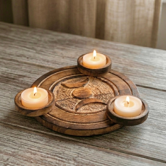 Wooden Candle Holder - Round Wooden Triple Moon Multi Tealight Holder