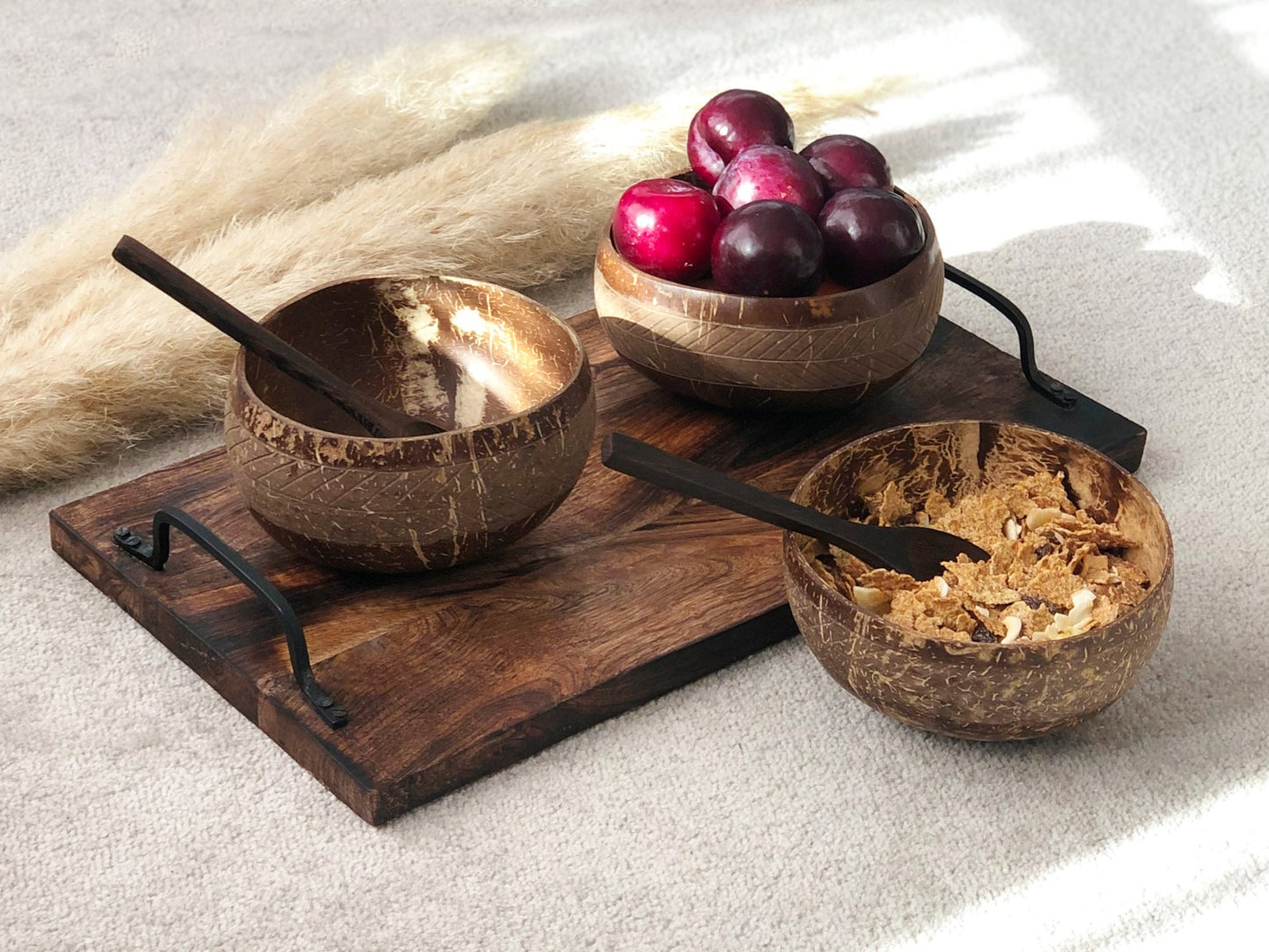 Eco Friendly Coconut Shell Bowls & Wooden Spoons with Geometric Pattern