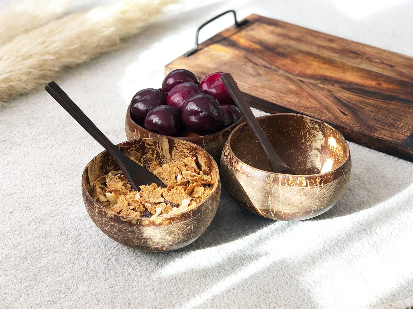 Eco Friendly Coconut Shell Bowls & Wooden Spoons with Geometric Pattern