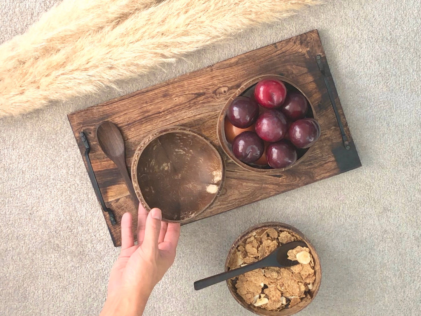 Eco Friendly Coconut Shell Bowls & Wooden Spoons with Geometric Pattern