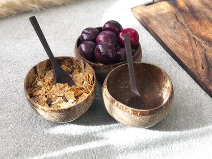 Eco Friendly Coconut Shell Bowls & Wooden Spoons with Geometric Pattern