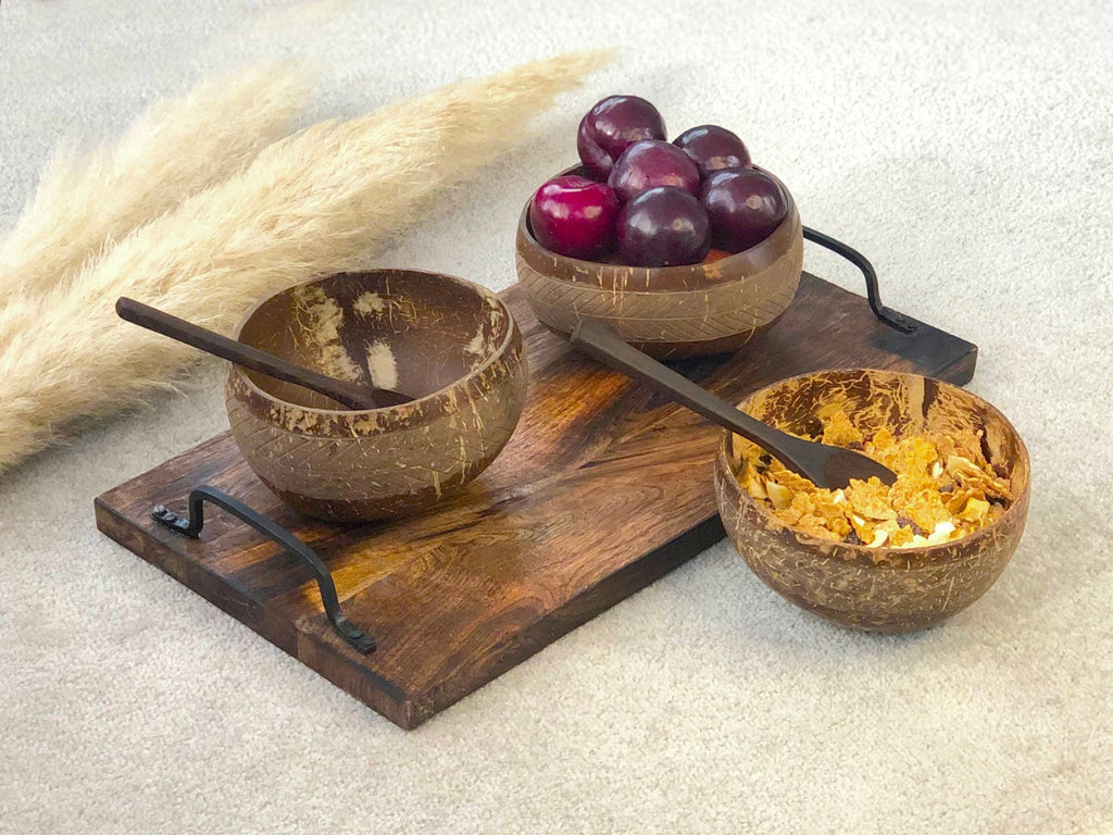 Eco Friendly Coconut Shell Bowls & Wooden Spoons with Geometric Pattern