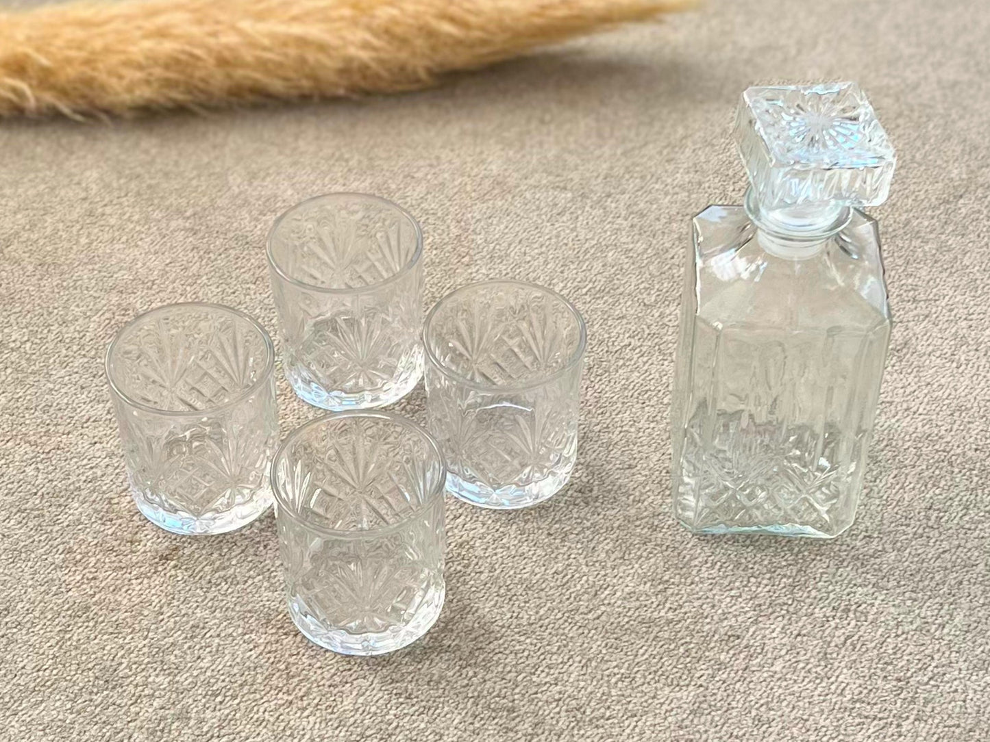 Cut Glass Whiskey Decanter Set with 4 Whiskey Tumblers - Gift for Dad