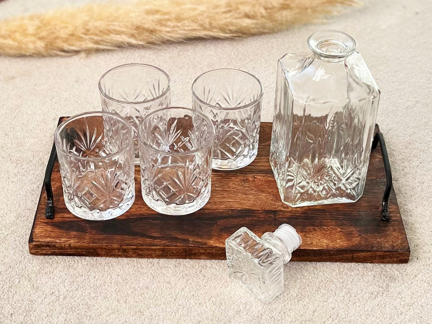 Cut Glass Whiskey Decanter Set with 4 Whiskey Tumblers - Gift for Dad