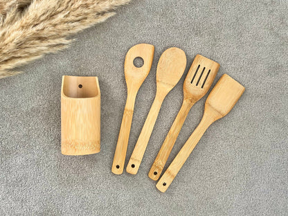 Eco Bamboo Cooking Utensil Set with Wooden Spoons and Spatulas