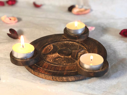 Wooden Candle Holder - Round Wooden Triple Moon Multi Tealight Holder