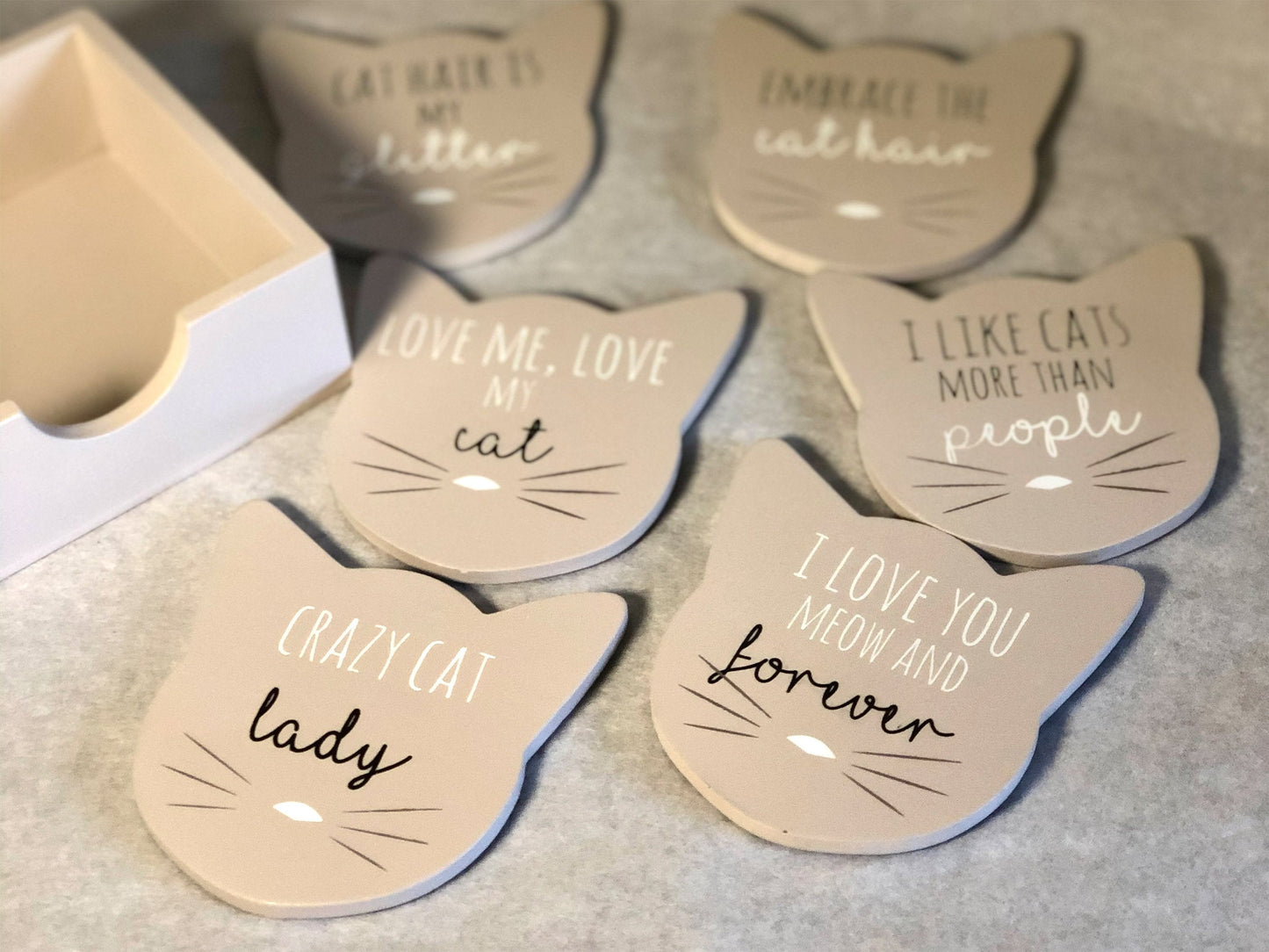 Cat Coasters Gift Set (set of 6) - Grey Wooden Coasters - Gifts for Cat lovers