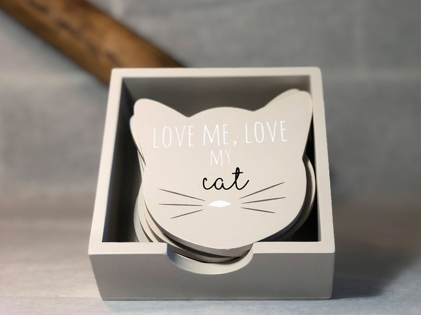 Cat Coasters Gift Set (set of 6) - Grey Wooden Coasters - Gifts for Cat lovers