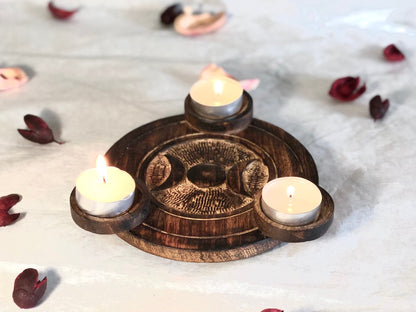 Wooden Candle Holder - Round Wooden Triple Moon Multi Tealight Holder