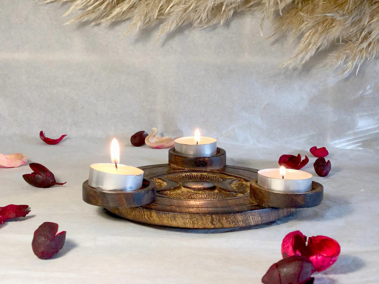 Wooden Candle Holder - Round Wooden Triple Moon Multi Tealight Holder