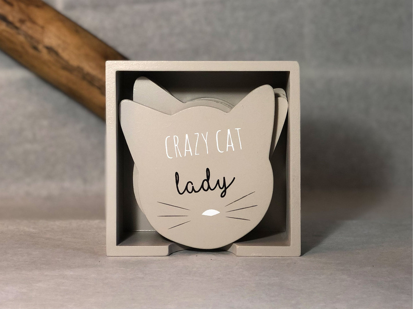 Cat Coasters Gift Set (set of 6) - Grey Wooden Coasters - Gifts for Cat lovers