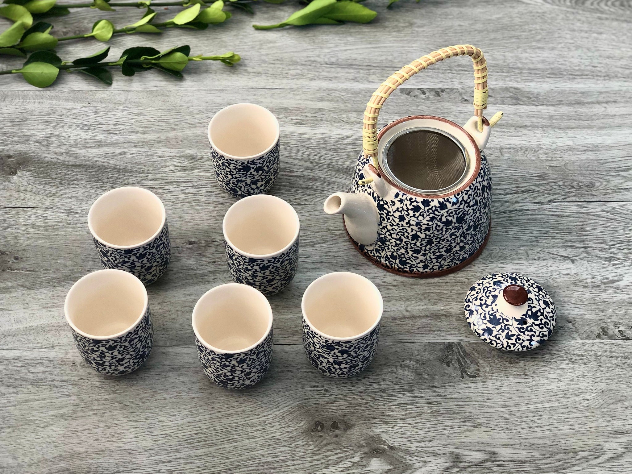 Traditional Herbal Tea Pot Set with Teapot with Tea Infuser & 6 Matching Tea Cups - Herbal Tea Gift Set