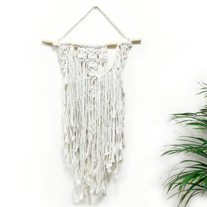 Hand Woven White Macrame Hanging Wall Art Tapestry, Large Wood and Cotton Macrame Wall Hanging, White Rustic Wall Decor, Scandinavian Style