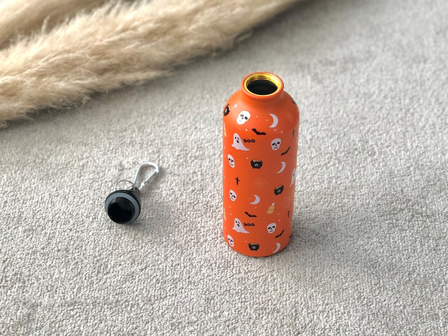 Orange Halloween Water Bottle with Ghosts, Spider Webs, Cauldrons - Reusable Water Bottles