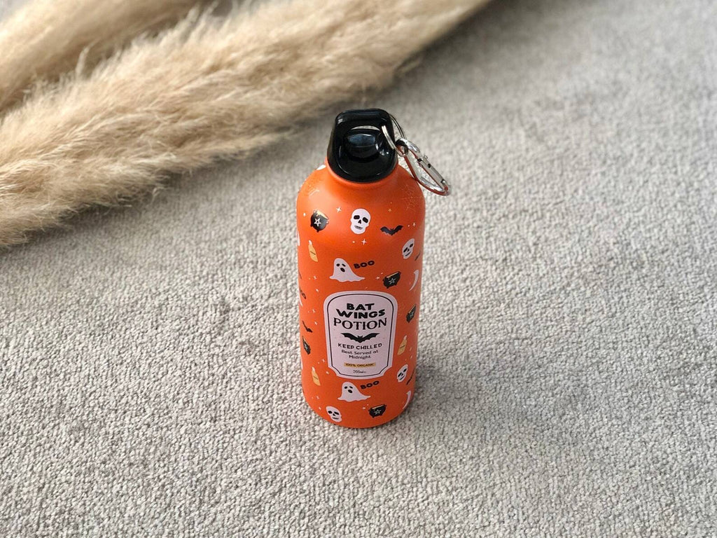 Orange Halloween Water Bottle with Ghosts, Spider Webs, Cauldrons - Reusable Water Bottles